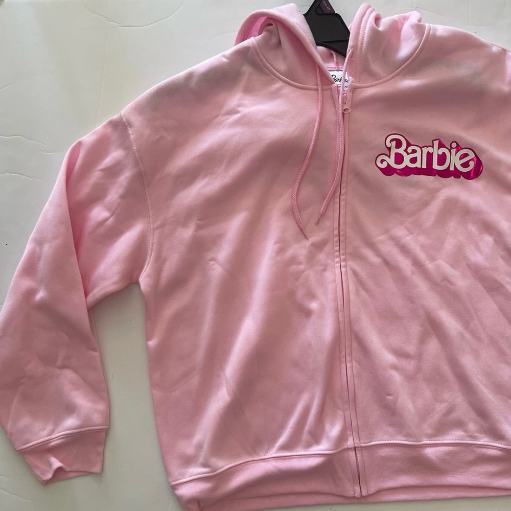 Girls Zip Front Hooded Barbie Pink Sweater